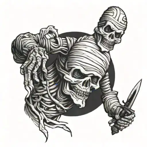 Mummy With A Skull Head Standing Up With Knife In Hand