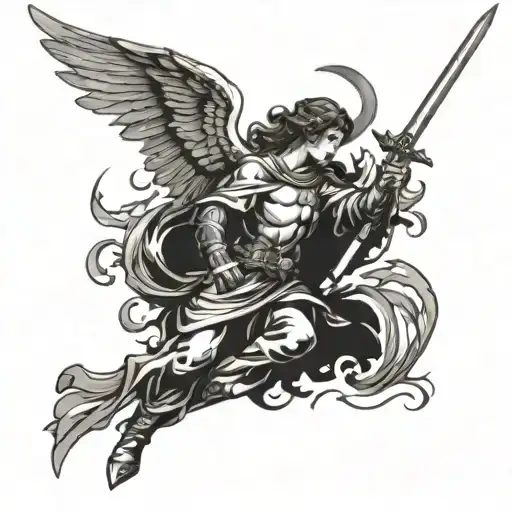 An Angel Wielding A Sword In Battle Against Evil Forces