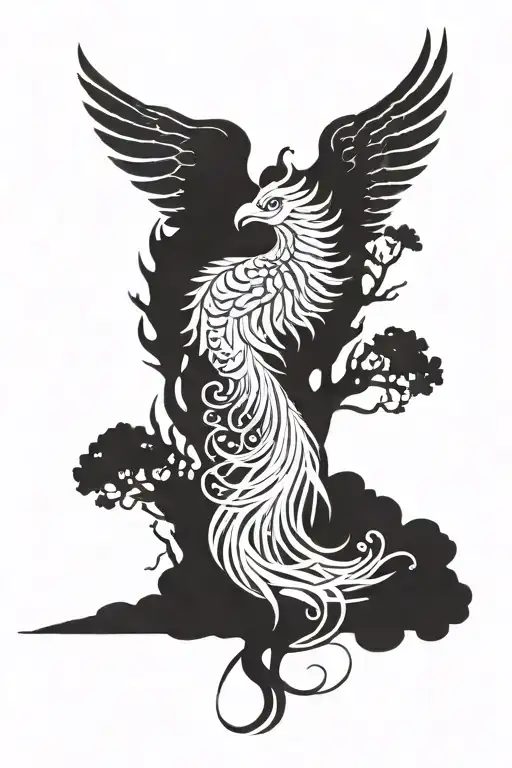 A Phoenix With Outstretched Wings In Front Of A Tree Of Life With Lotus Flowers