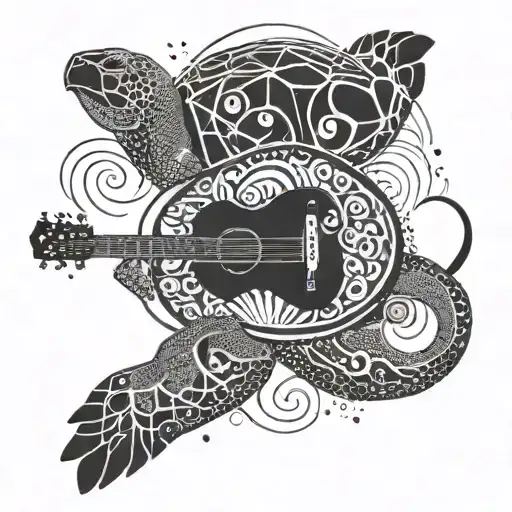 A Dotwork Tattoo Of A Turtle Playing A Guitar Under A Sky Full Of Abstract Art Patterns