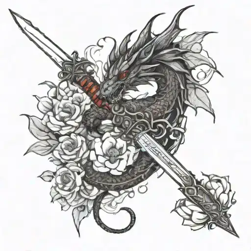 A Red Dragon Surrounded By Flowers With A Sword Through Uy