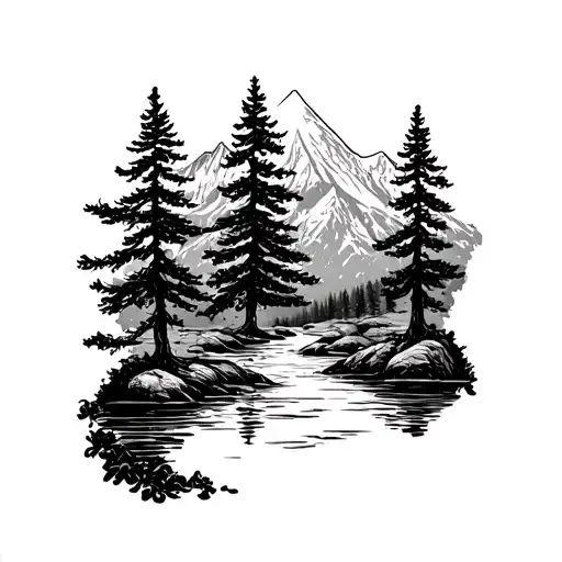 A Majestic Pine Tree Growing Out Of A Flowing River With Mountains In The Background