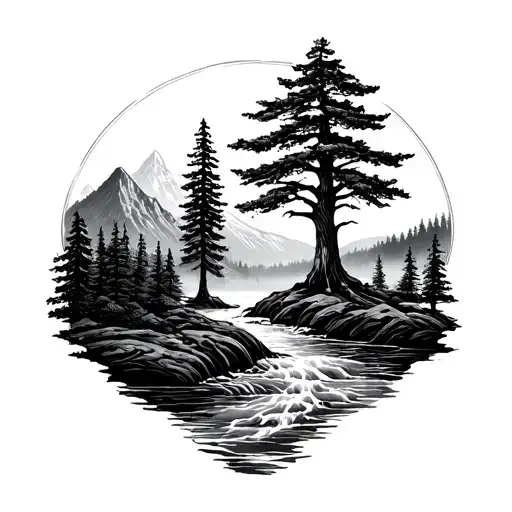 A Majestic Pine Tree Growing Out Of A Flowing River With Mountains In The Background