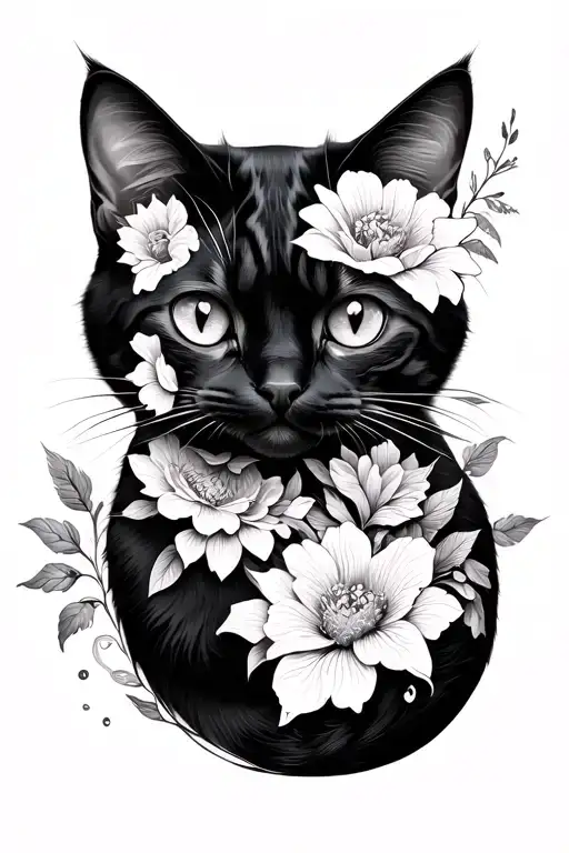 Blackfill Cat Curled With Flowers Intertwined