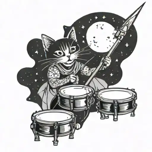 A Celestial Cat Playing The Drums Under A Starry Sky