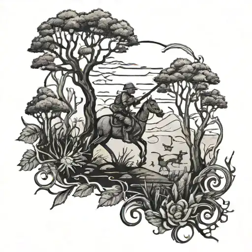 A Detailed Blackwork Tattoo Of A Hunting Scene With A Vietnam Vet Silhouette In The Background