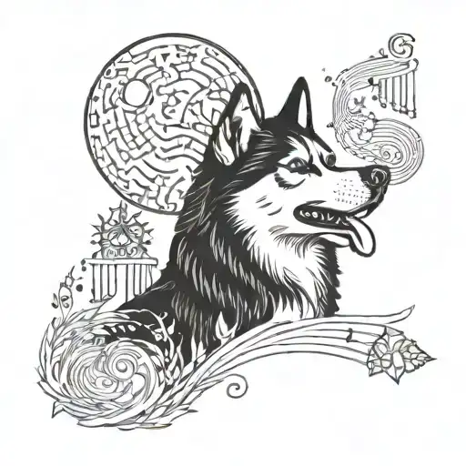 A Husky Howling At The Moon Surrounded By Musical Notes And Marijuana Leaves