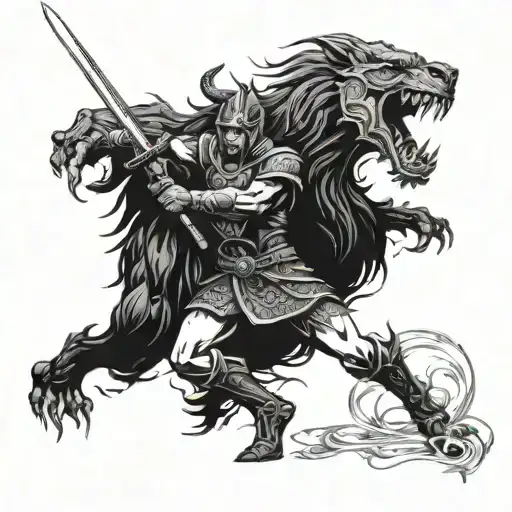 A Fierce Warrior Battling A Mythical Creature In A Virtual World