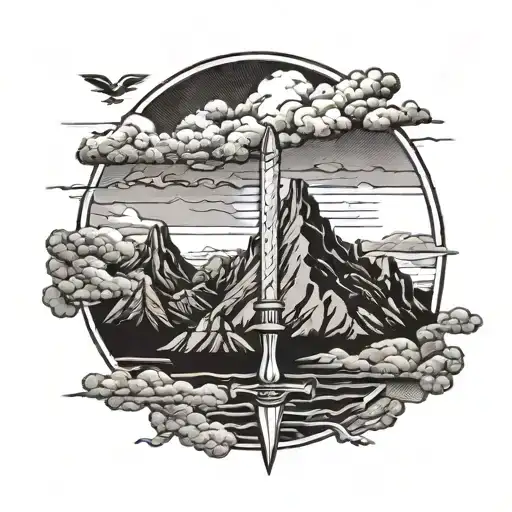 Storm Above Mountain Range With Sword Going Through The Middle