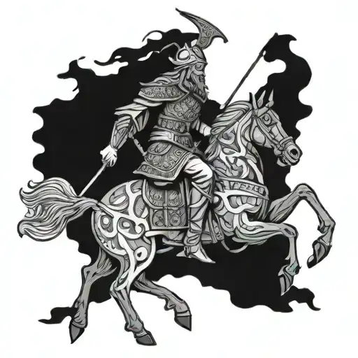 A Detailed Blackwork Tattoo Of Odin Riding His Eight-legged Horse Sleipnir Into Battle