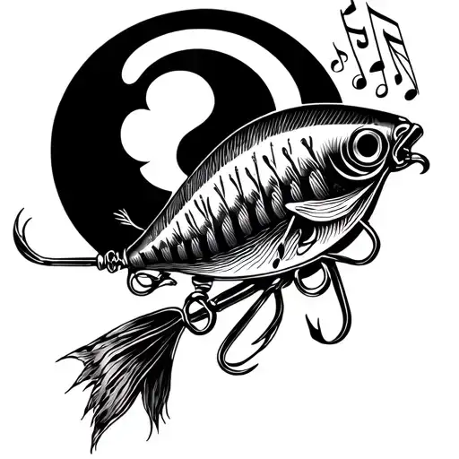 A Detailed Blackwork Tattoo Of A Fishing Lure Intertwined With Musical Notes