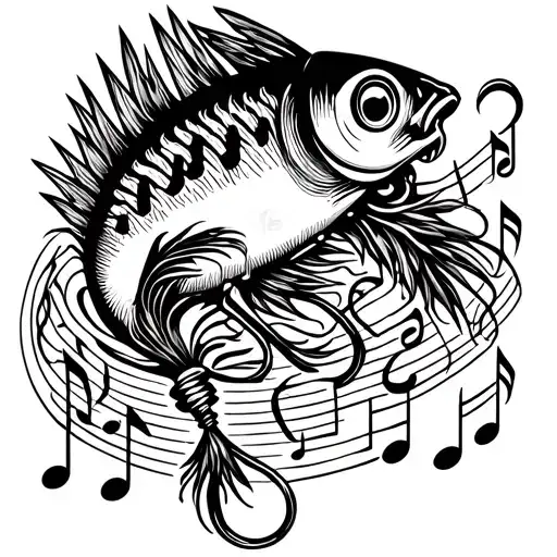 A Detailed Blackwork Tattoo Of A Fishing Lure Intertwined With Musical Notes