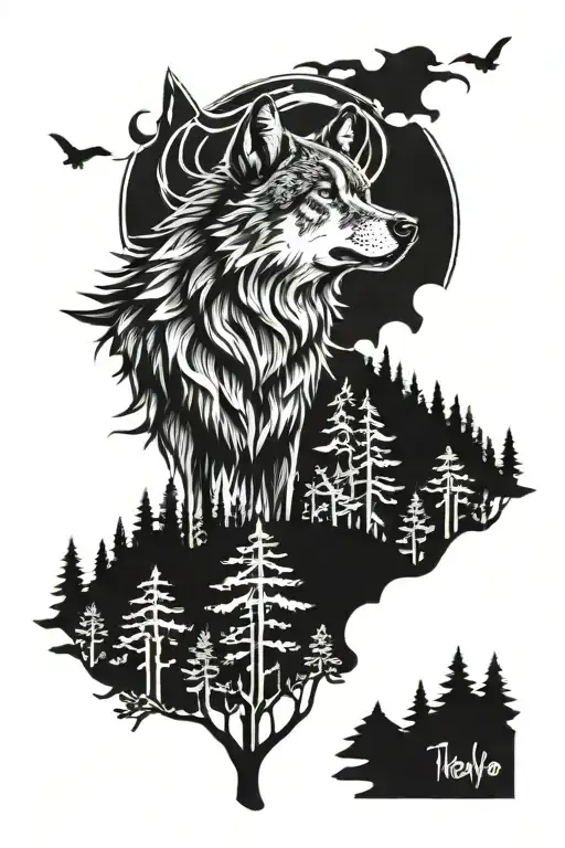 Howling Wolf In Forest Trees Looking