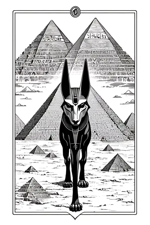 Anubis Over The Pyramids With Hieroglyphs In The Background
