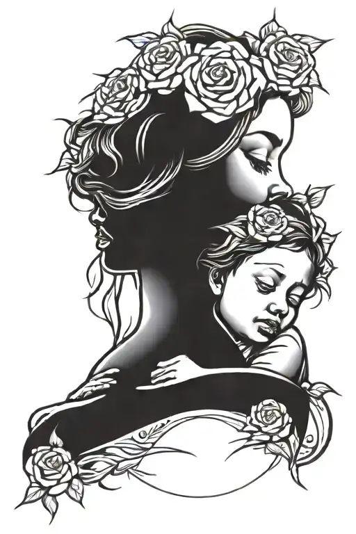 Create A Tattoo Of A Mother Holding Baby With Roses Around Them And The Sun Behind Her Head