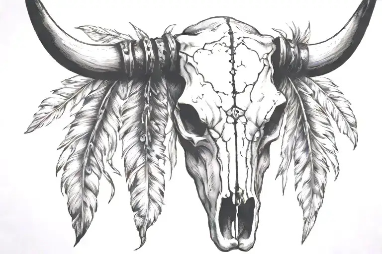Boho Longhorn Cow Skull With Feathers Hanging