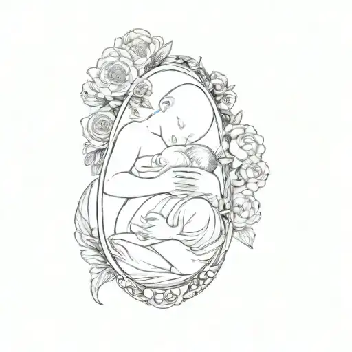 A Baby In The Womb Surrounded By Flowers Held By A Stork