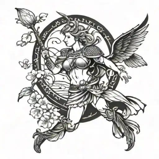 A Blackwork Tattoo Of A Nordic Valkyrie Surrounded By Koi Fish And Cherry Blossoms