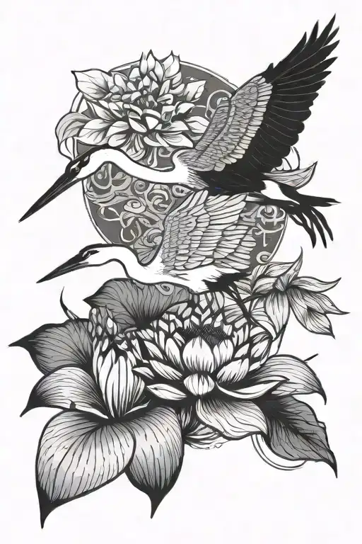 Lotus Flower And Herons Flying