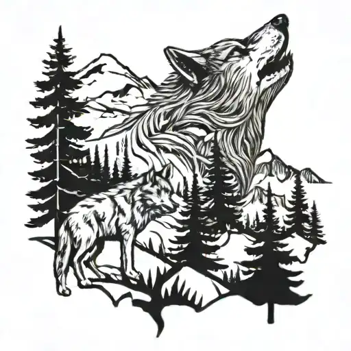 Wolf 2 Pines In The Forest And Mountain Landscape