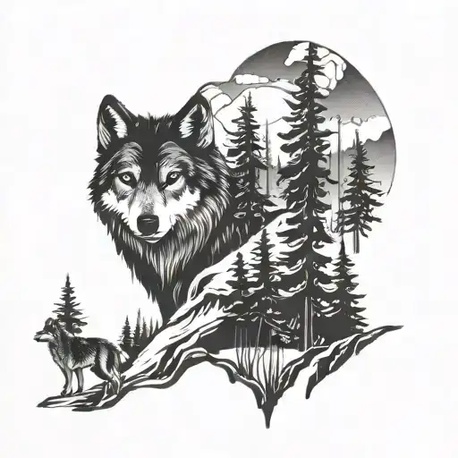 Wolf 2 Pines In The Forest And Mountain Landscape