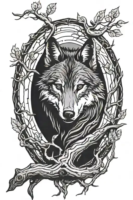 A Wolf In A Tree Trunk Surrounded