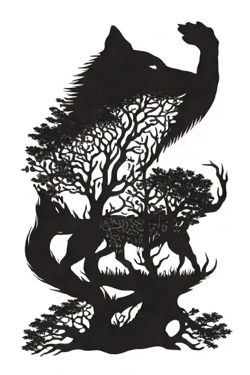 A Wolf And A Tree Branches Stretching Towards The Sky