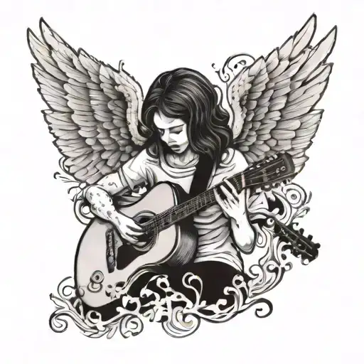 Create A Tattoo Of A Sad Angel Playing A Guitar With Intricate Wings