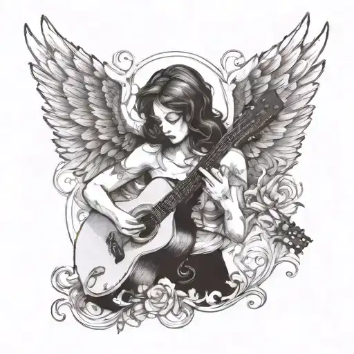 Create A Tattoo Of A Sad Angel Playing A Guitar With Intricate Wings