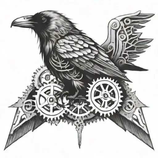 A Blackwork Tattoo Of A Crow Intertwined With Metal Beams And Gears
