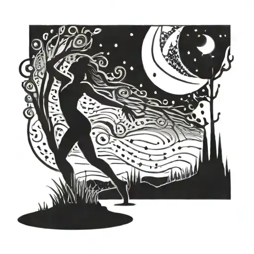 A Tattoo Design Combining Music Notes With A Silhouette Of A Dancer In A Moonlit Valley
