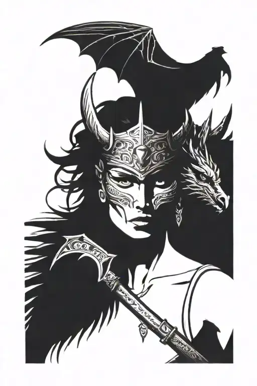 Valkyrie Head In Front With Dragon Behind Her