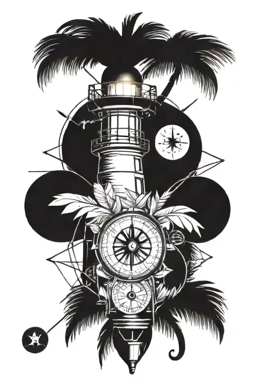 Compass With Lighthouse And Palm Tree Branches