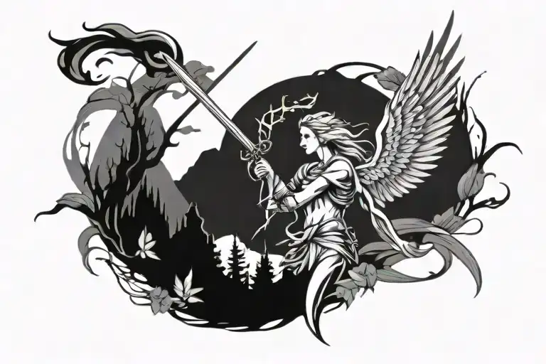 Guardian Angel In Nature Elements And Sword Embedded