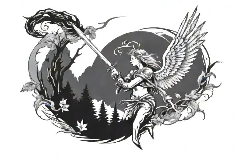 Guardian Angel In Nature Elements And Sword Embedded