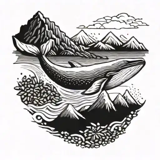 A Majestic Whale Swimming In A Sea Of Coffee Beans With Swiss Mountains In The Background