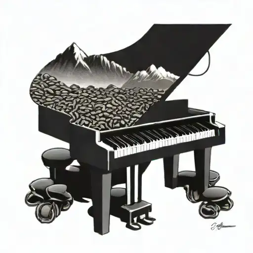 A Piano Keyboard Intertwined With Coffee Beans And Mountain Peaks
