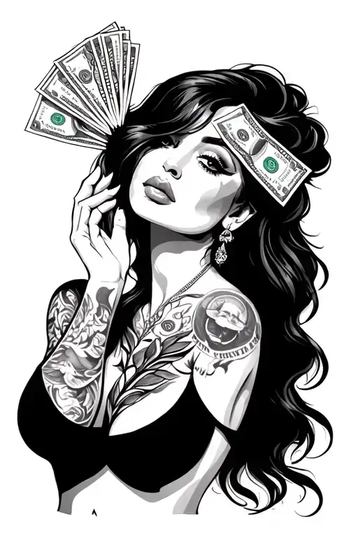 Latina With Tattoos Holding Money Stack To Ear