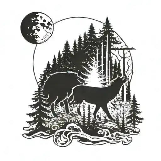 A Mystical Forest Scene With A Wolf Howling At The Moon