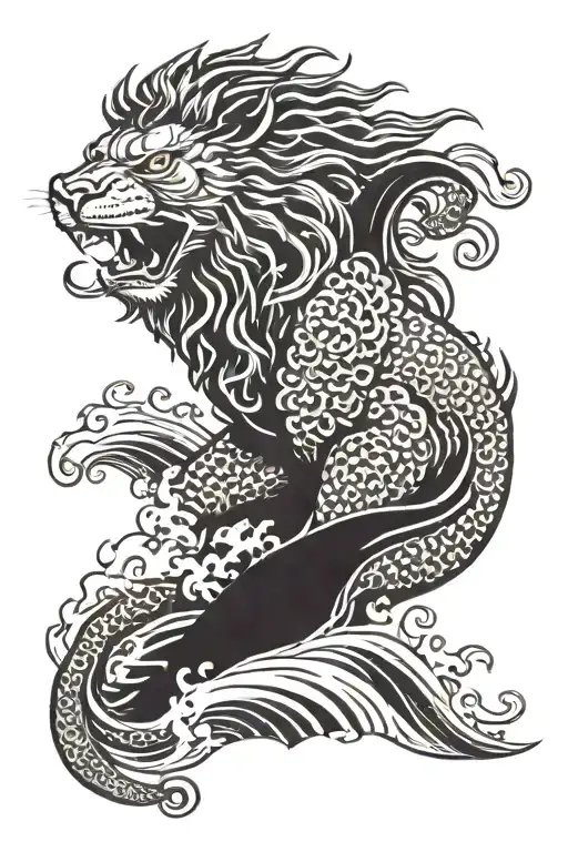 Japanese Lion Against The Backdrop Of Waves Forming