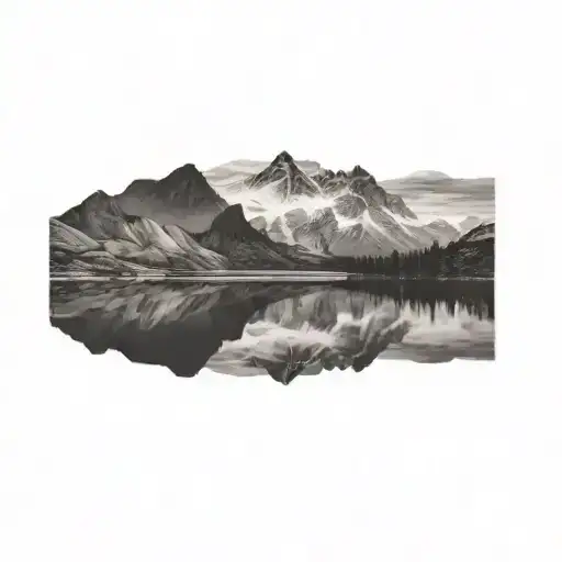 A Black And White Image Of Mountains And A Lake