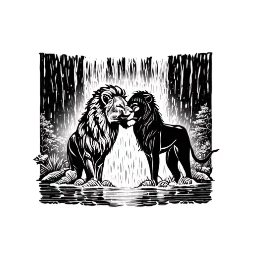 A Lion And Lioness Silhouette Embracing Under A Waterfall