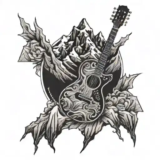 A Guitar With Mountain Peaks As The Strings In A Blackwork Style