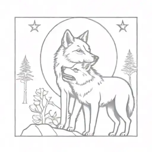 Two Wolf Pups Howling At The Moon In A Mystical Forest