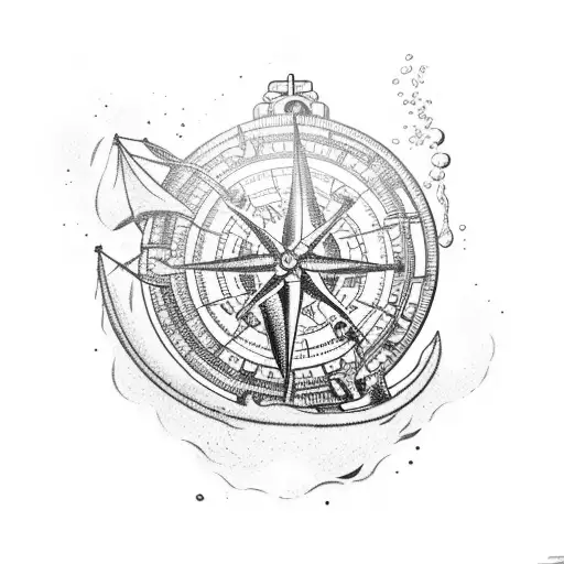 Boat Being Dragged Down By A Kraken With A Compass And Diver Diving Down
