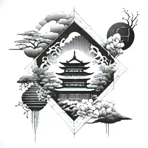 A Geometric Design Incorporating Elements Of Japanese Architecture And Music Symbols