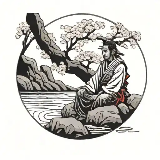 A Samurai Warrior Meditating Under A Cherry Blossom Tree By A Peaceful Stream
