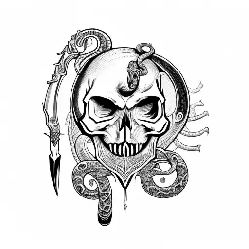 Skull With Serpent In Eye Socket And Sword Sticking Out Of Head