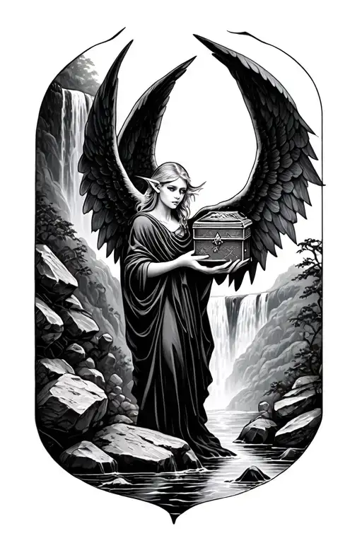 An Elf With Wings Holding A Pandora's Box In Front Of A Waterfall And Rocks