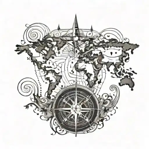 Musical Notes Forming A World Map With A Compass Rose In The Center